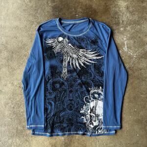 VTG Y2K THERMAL SHIRT LONGSLEEVE BLUE TRIBAL WINGS ANGELS SKULLS MEDIUM SKATE